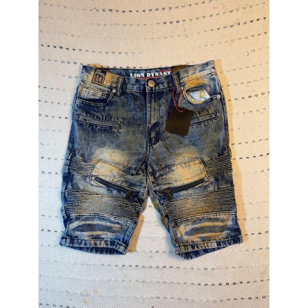 Lion Dynasty Boys Moto Denim Shorts Size 14 Slim Acid Wash Biker Blue Yellow